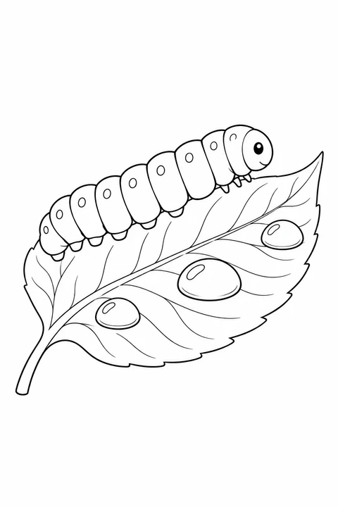 One spotted caterpillar on a veined leaf with three large outlined dew drops.