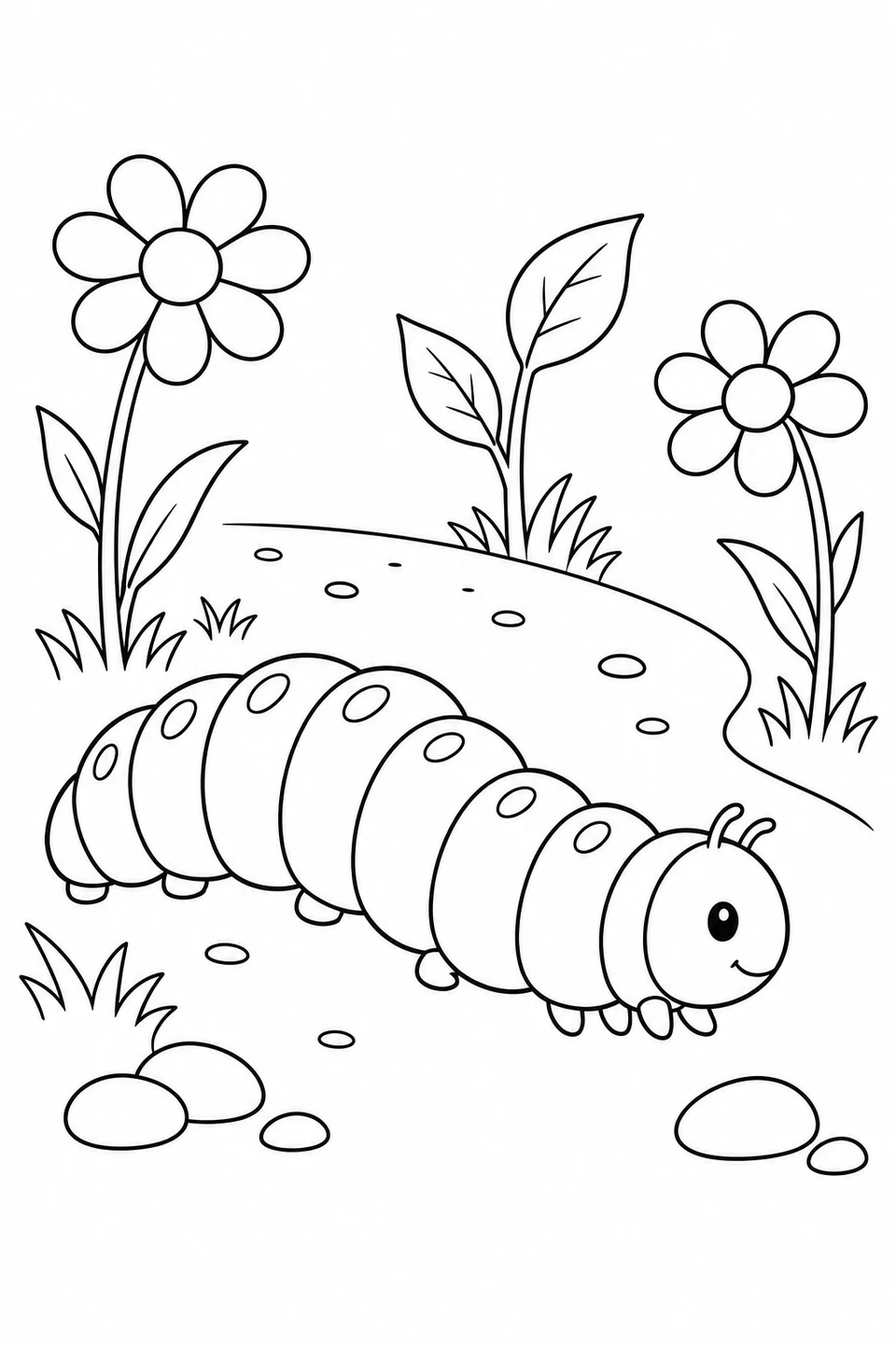 One spotted caterpillar on a curving path with two flowers, leaves and stones.