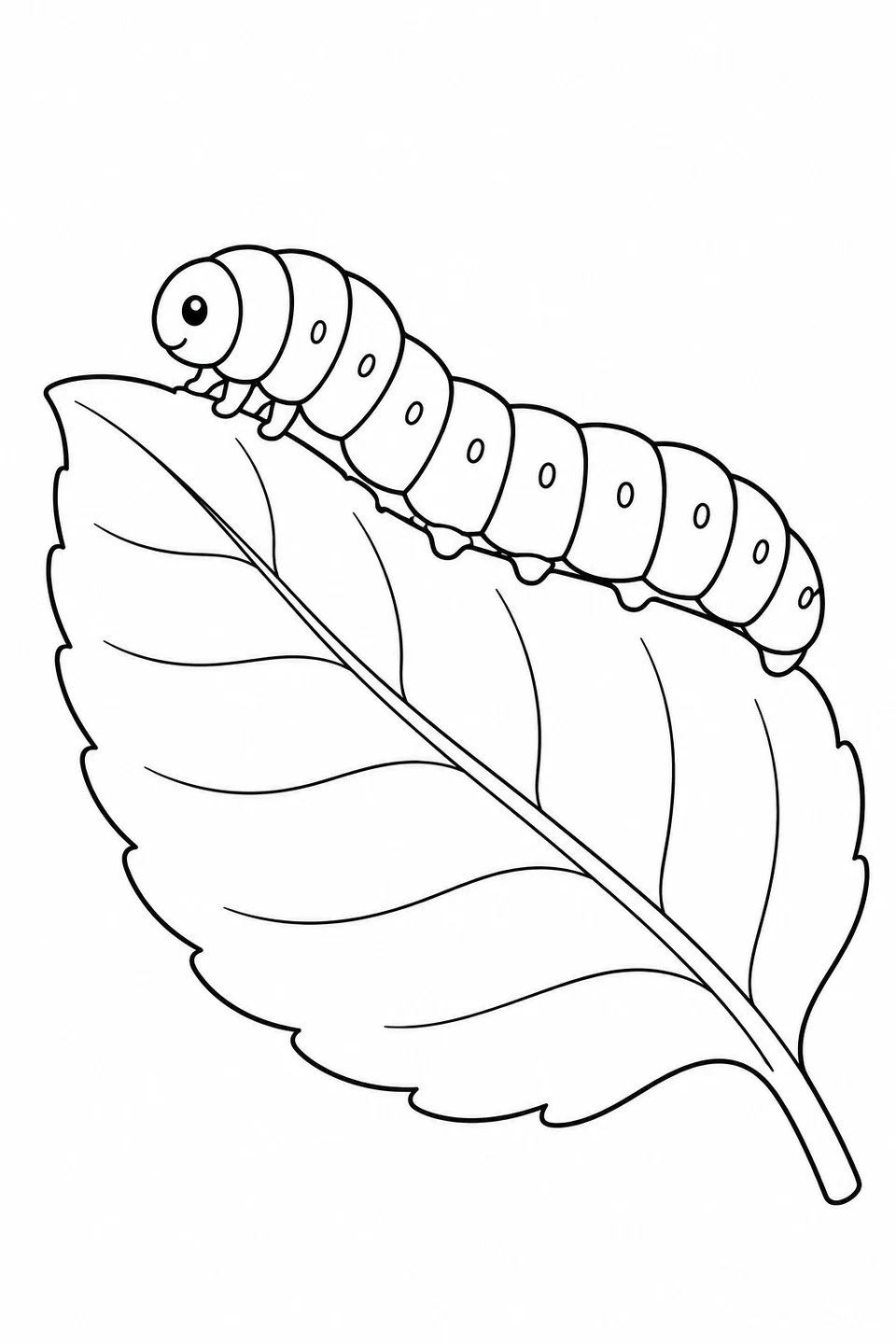 A spotted caterpillar along the edge of one large veined leaf.
