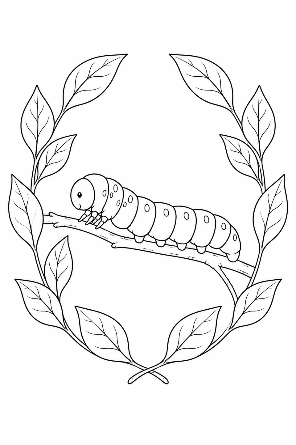 One caterpillar on a twig inside an open oval frame of leafy branches.