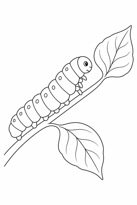 One spotted caterpillar along a slanting stem with two large leaves.