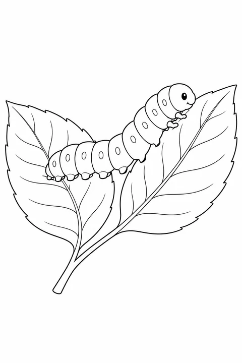 One spotted caterpillar curving between two joined veined leaves.