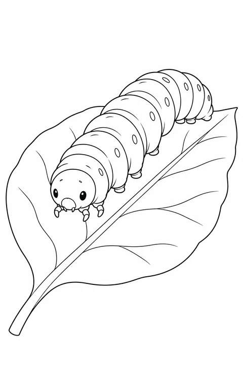 A caterpillar viewed from the front on a broad leaf with branching veins.