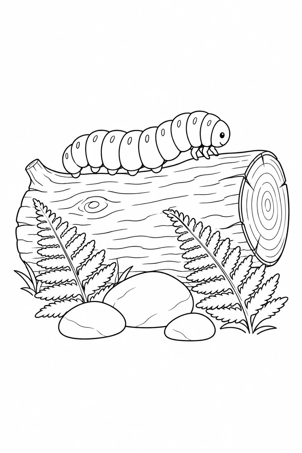 One caterpillar on a fallen log with two fern fronds, three stones and a ringed cut end.