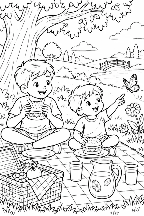 Due bambini con cheeseburger su una coperta da picnic; uno indica una farfalla