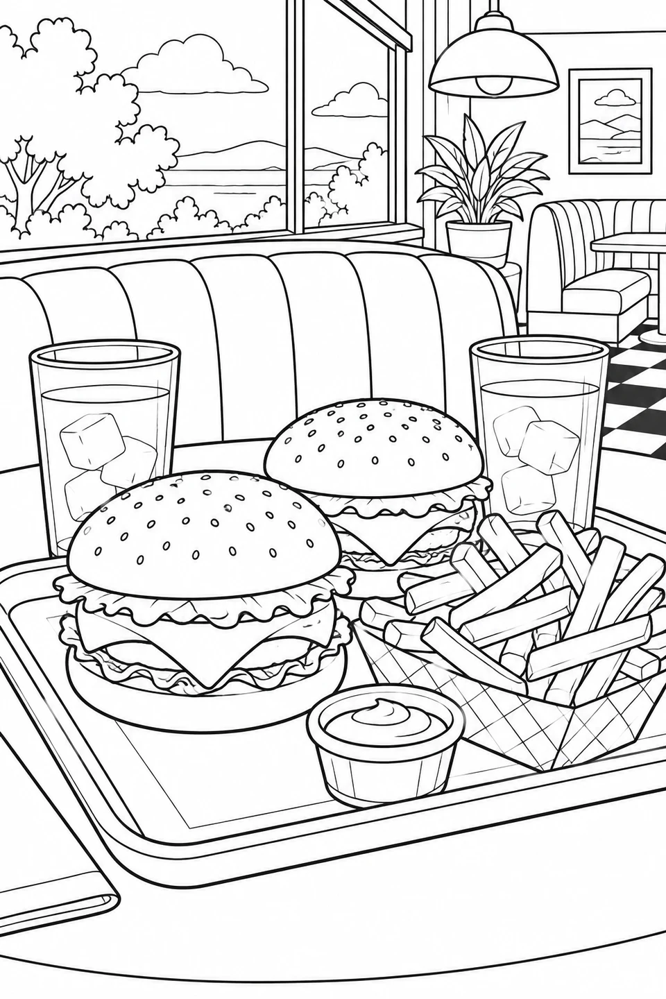 Due cheeseburger, patatine e bicchieri su un vassoio davanti a una panca del locale