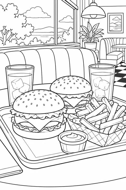 Due cheeseburger, patatine e bicchieri su un vassoio davanti a una panca del locale
