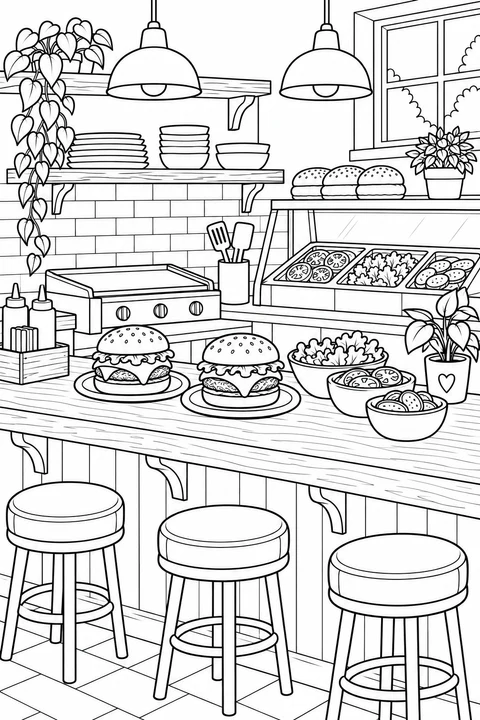 A cozy burger café with cheeseburgers, ingredient bowls, lamps and stools.