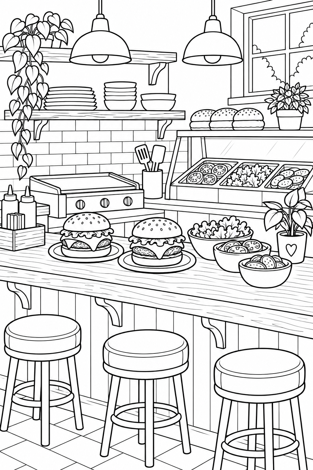 Uma hamburgueria com cheeseburgers, ingredientes, luminárias e banquetas.