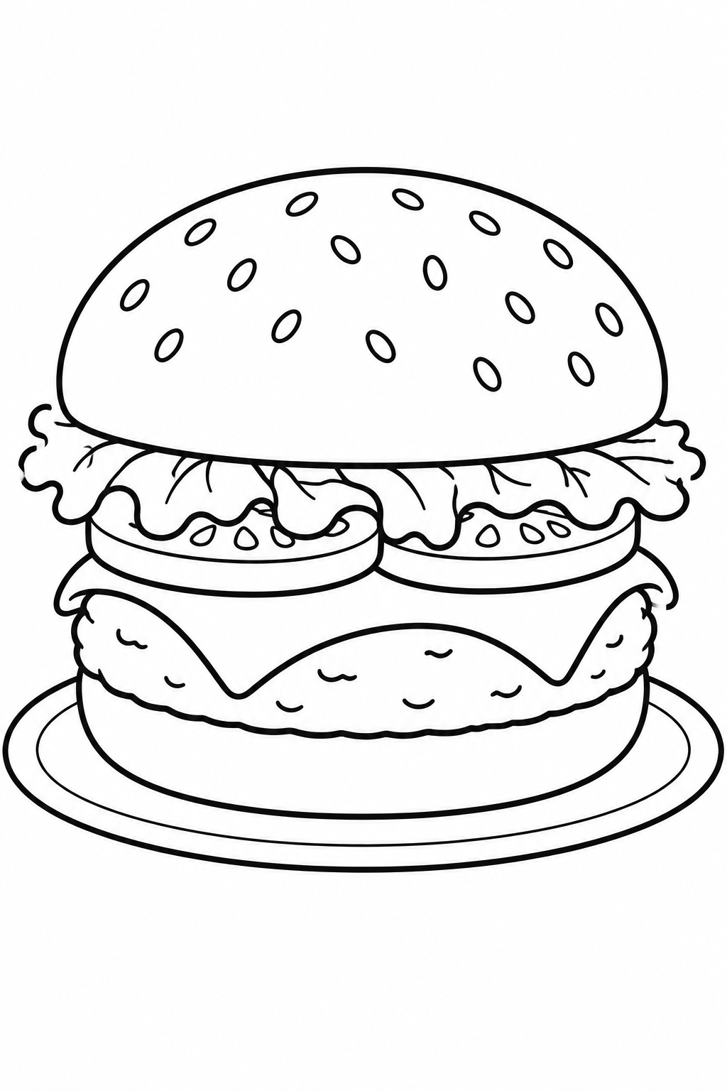 A cheeseburger with a sesame bun, cheese and vegetables on a plate.