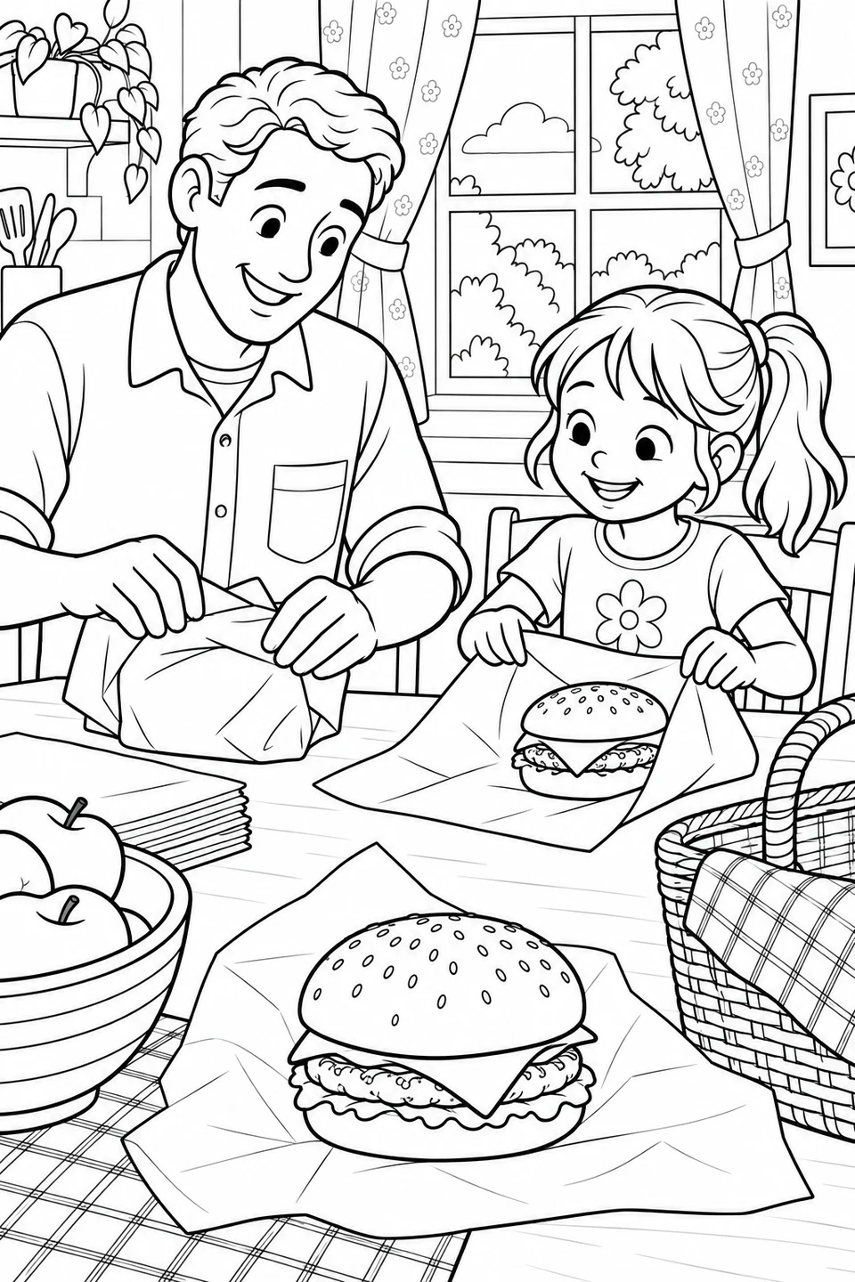 Un uomo e una bambina avvolgono cheeseburger accanto a un cestino da picnic e delle mele