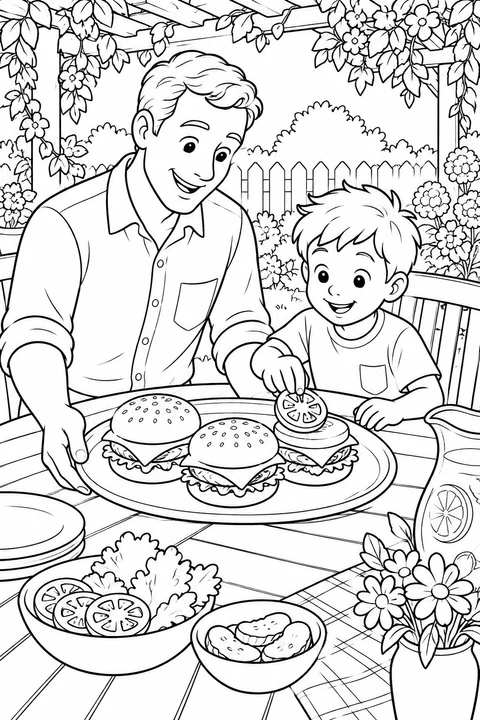 Un uomo aggiunge una fetta di pomodoro a un burger mentre un bambino lo guarda in giardino