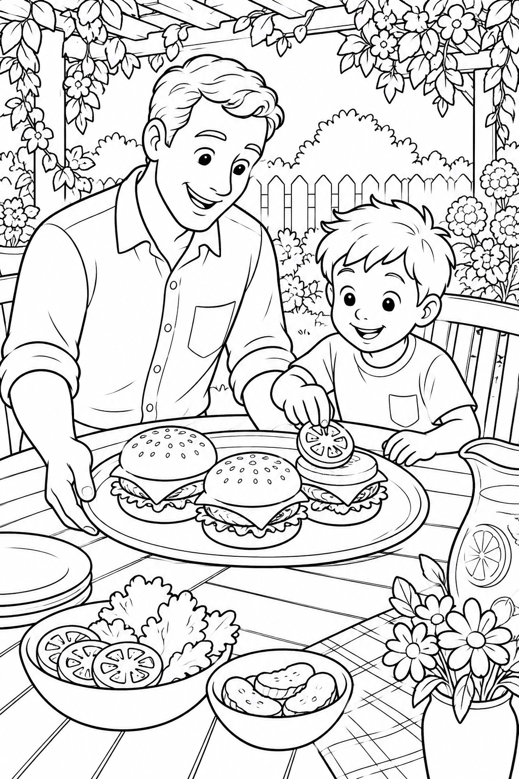 Un uomo aggiunge una fetta di pomodoro a un burger mentre un bambino lo guarda in giardino