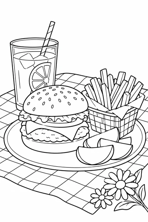 A cheeseburger picnic with fries, fruit and lemonade.