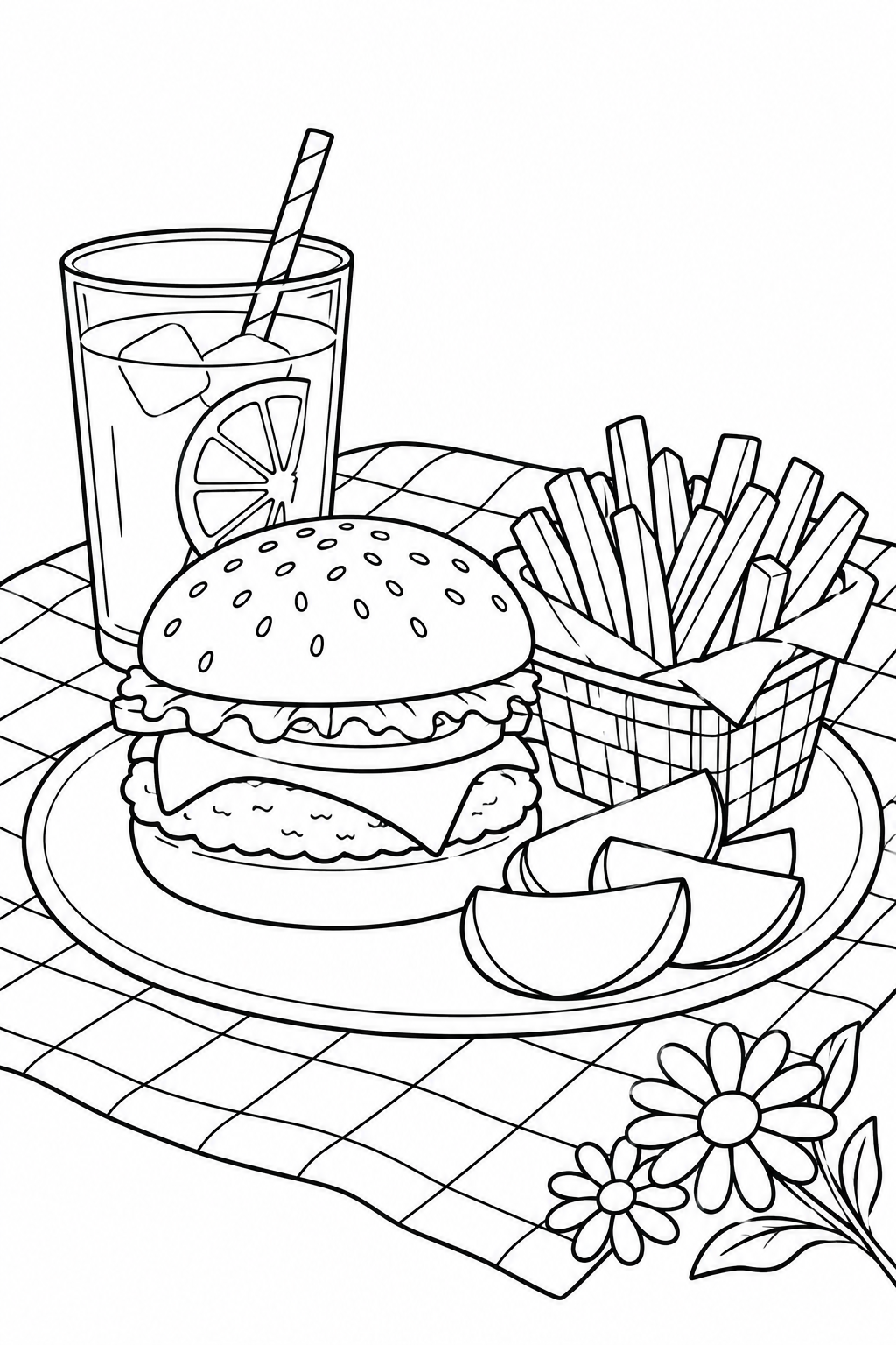 A cheeseburger picnic with fries, fruit and lemonade.