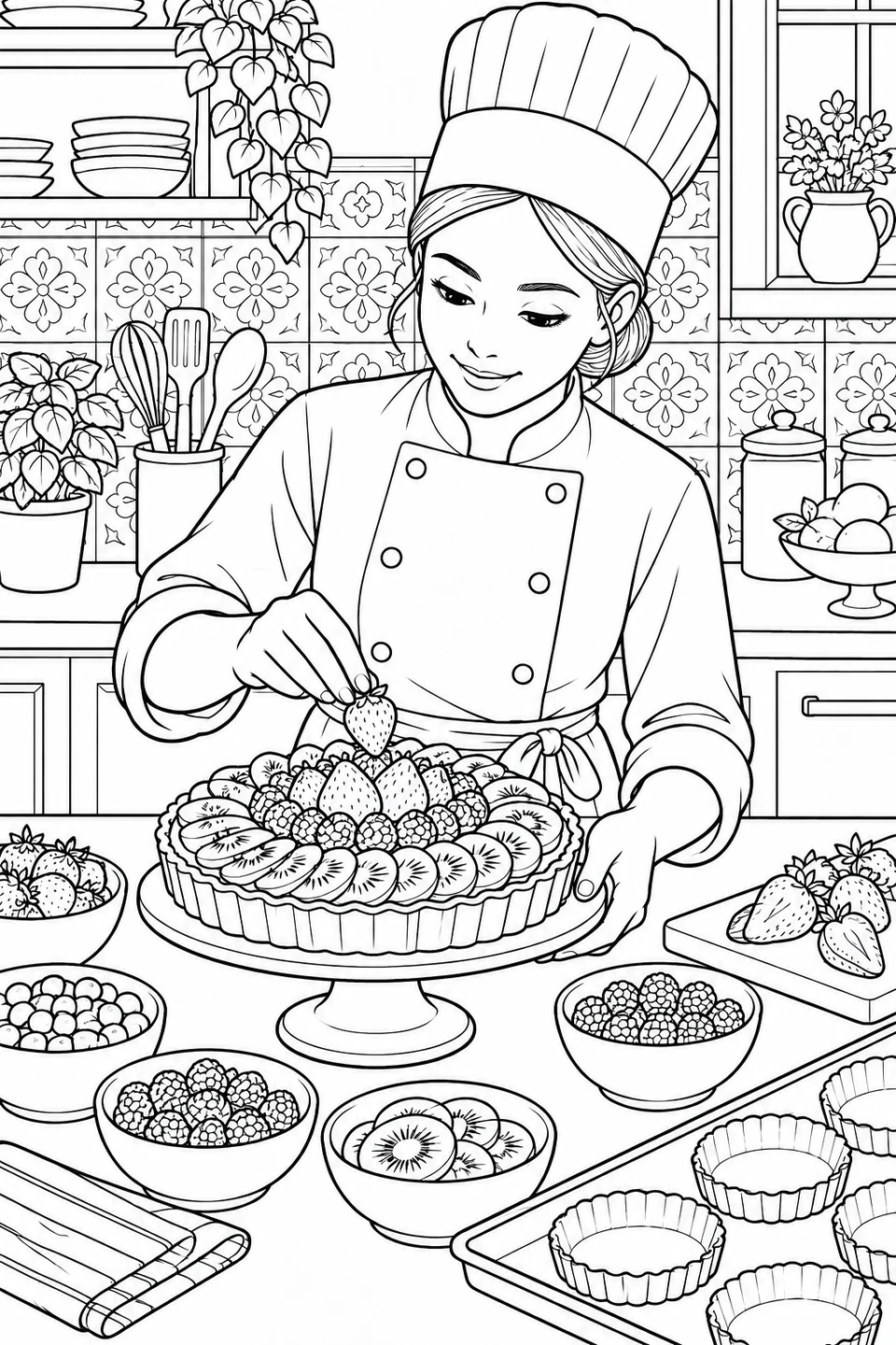 A pastry chef places a strawberry on a fruit tart, with kiwi slices, berries and pastry shells on the counter.