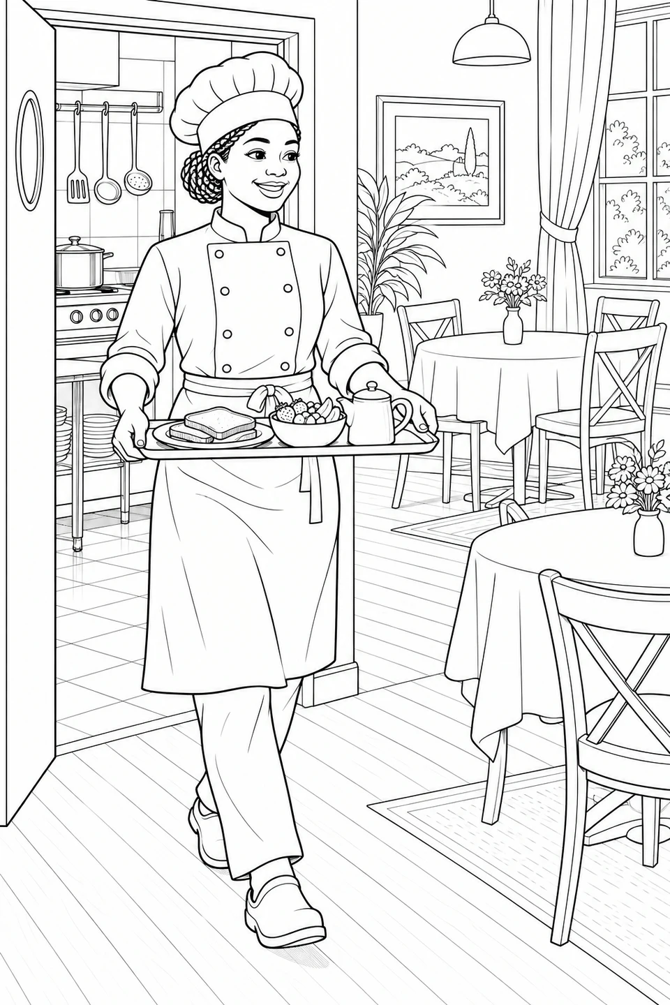 A chef carries a tray of toast, fruit and a teapot into a bright dining room with flowers on the tables.
