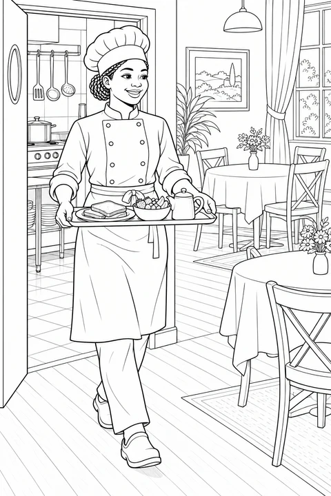 A chef carries a tray of toast, fruit and a teapot into a bright dining room with flowers on the tables.