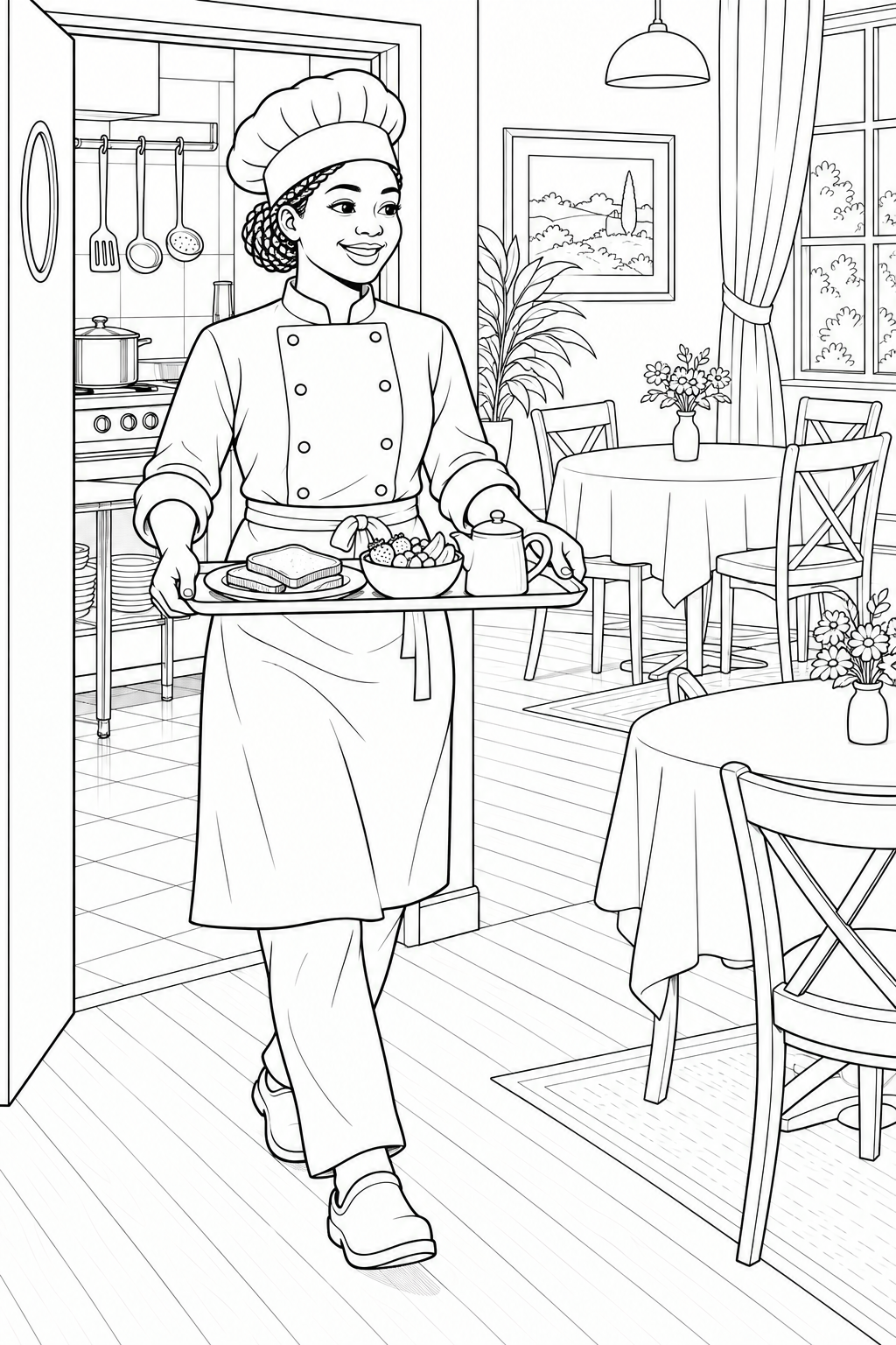 A chef carries a tray of toast, fruit and a teapot into a bright dining room with flowers on the tables.
