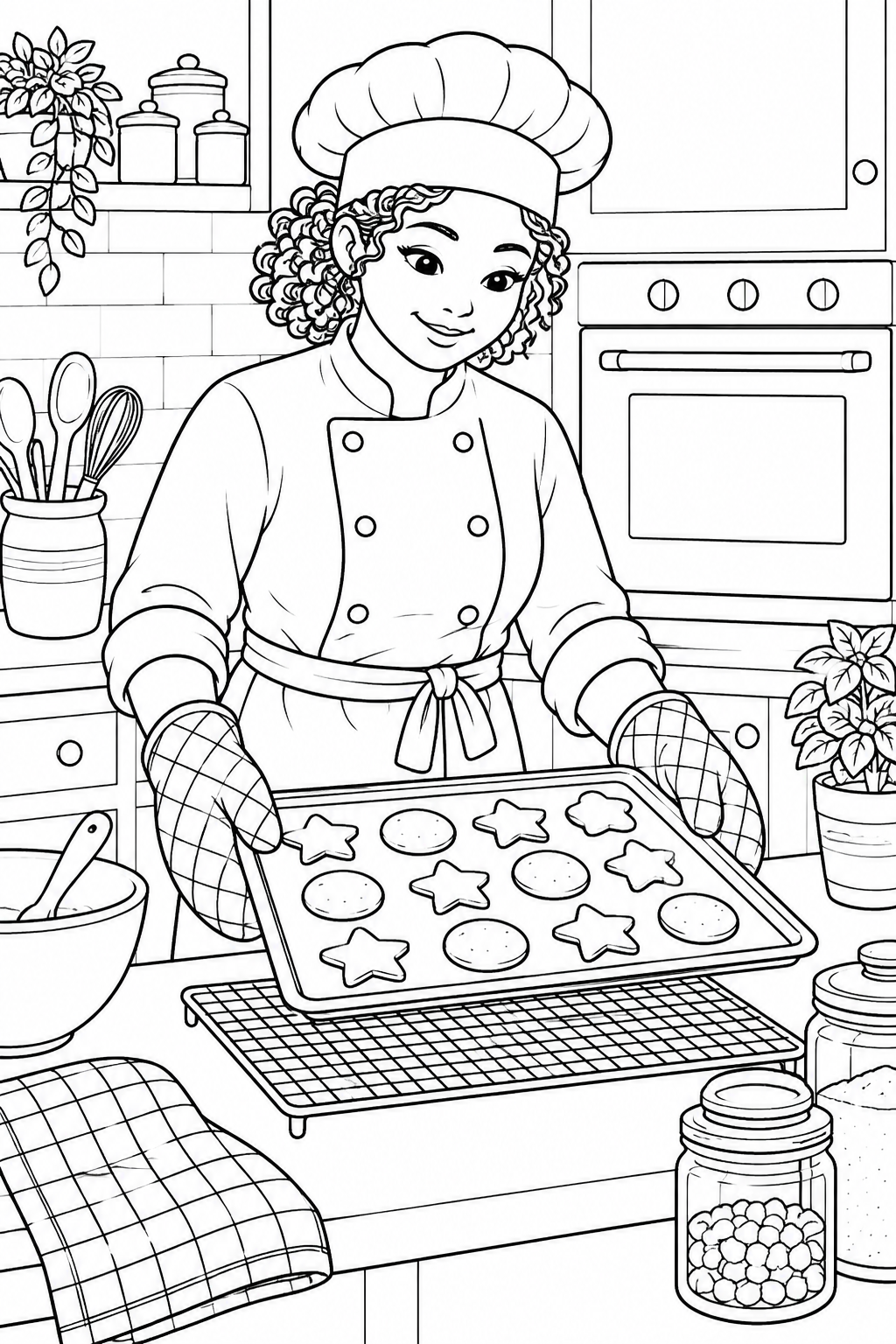 A chef wears oven mitts as she sets a tray of star-shaped and round cookies on a cooling rack.