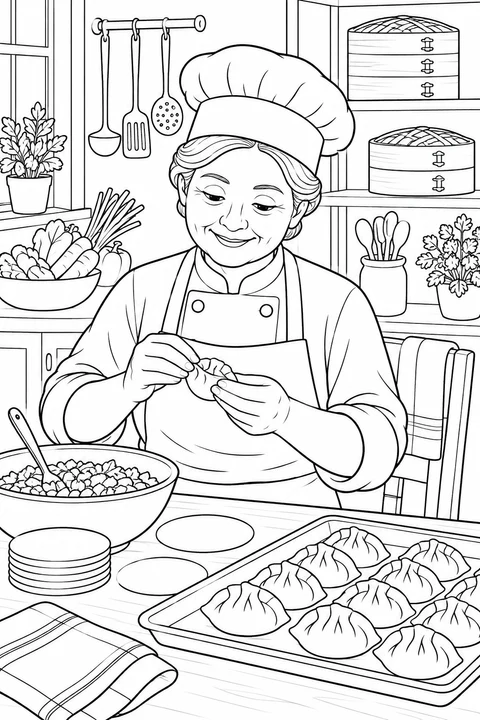 A chef folds a dumpling at a preparation table, with wrappers, filling and a tray of finished dumplings nearby.