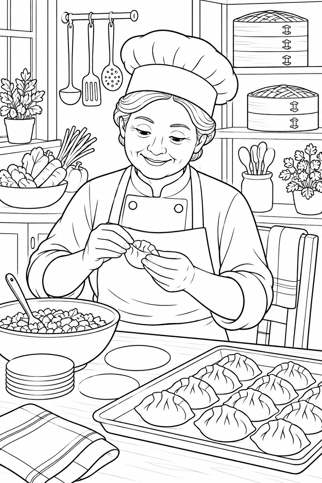 A chef folds a dumpling at a preparation table, with wrappers, filling and a tray of finished dumplings nearby.