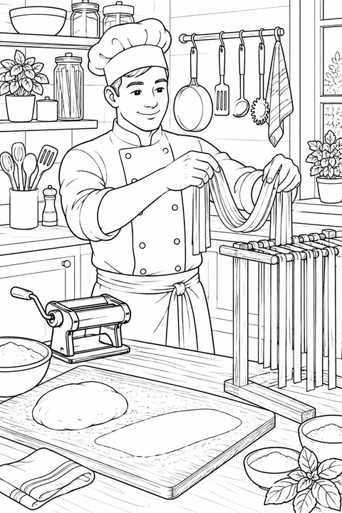 A chef hangs long ribbons of fresh pasta on a wooden drying rack beside a pasta roller and a floured board.