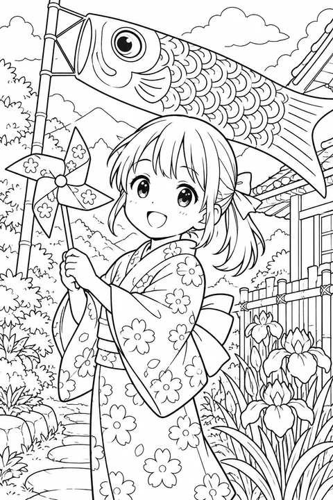A girl in floral clothing holds a pinwheel beneath a large koinobori.