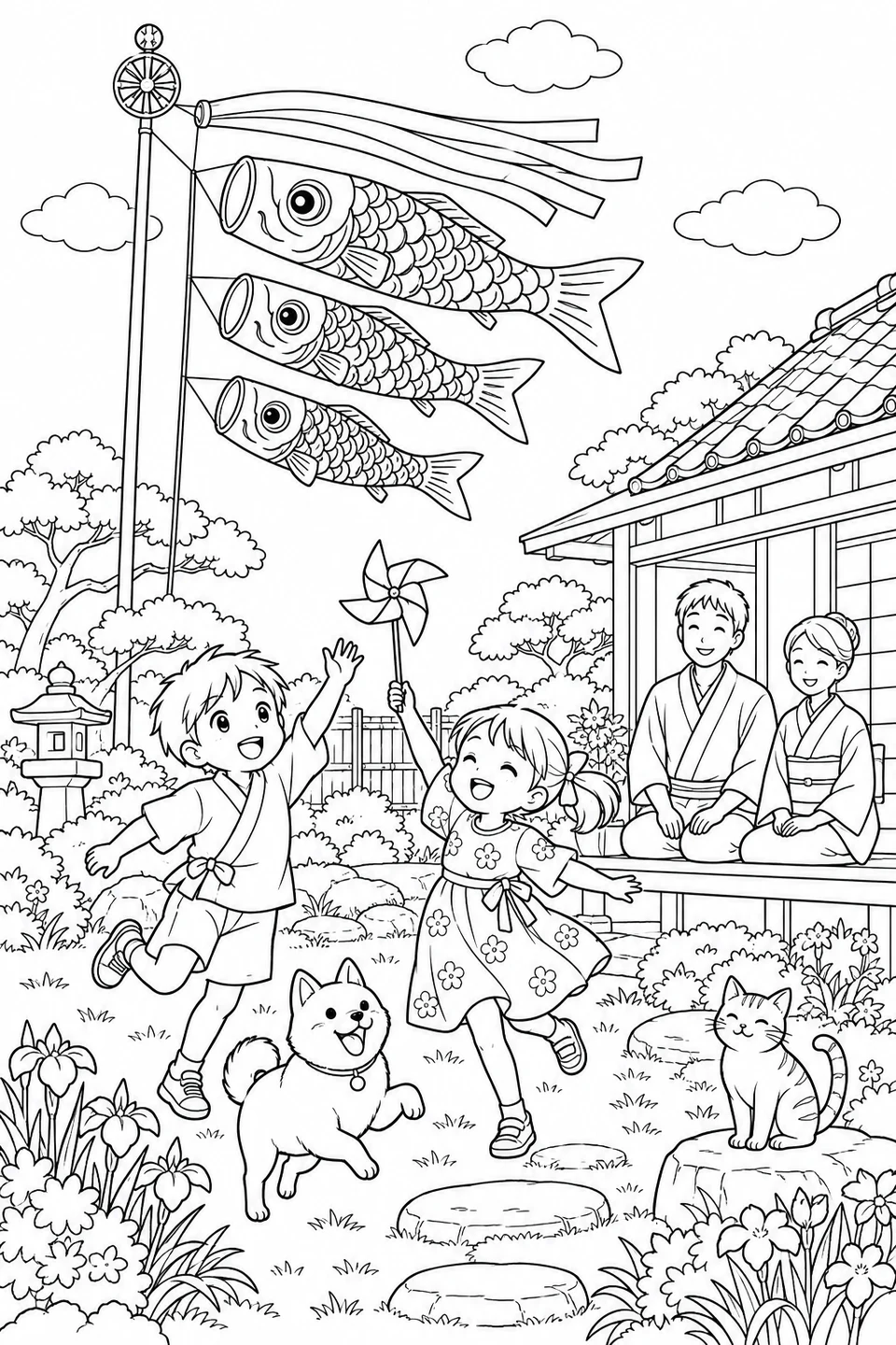 Children’s Day Garden Play, printable black-and-white coloring illustration.