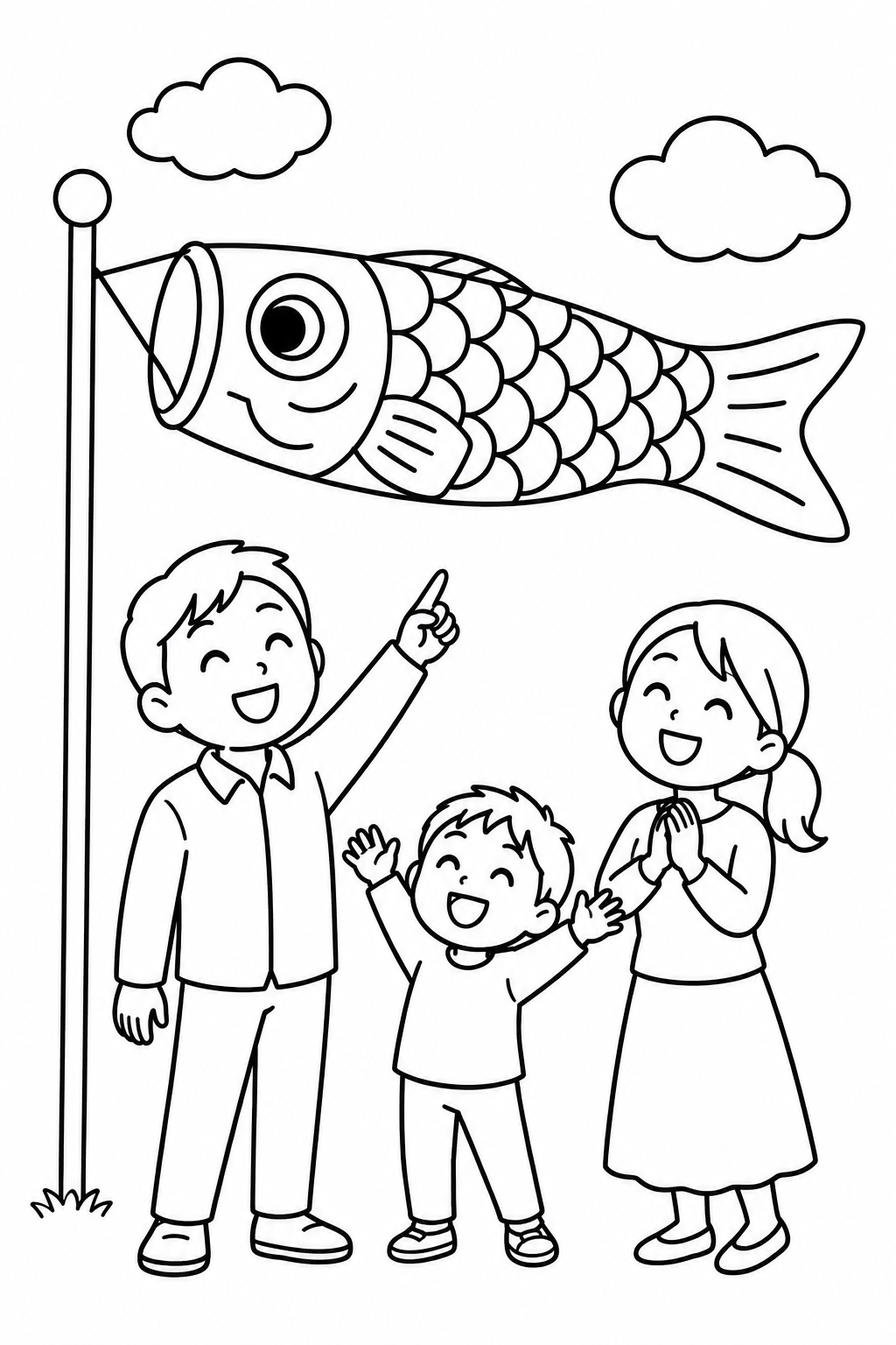 Family Watching a Carp Windsock, printable black-and-white coloring illustration.