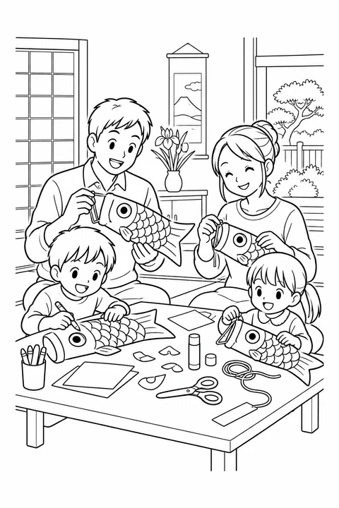 Making Paper Carp Windsocks, printable black-and-white coloring illustration.