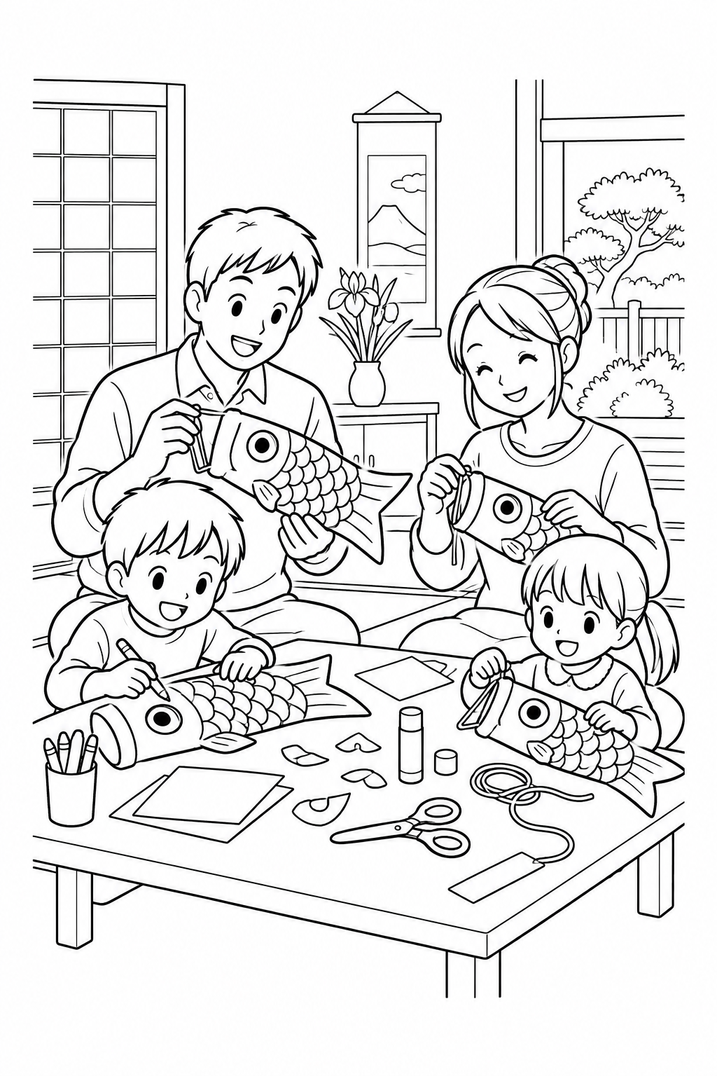 Making Paper Carp Windsocks, printable black-and-white coloring illustration.