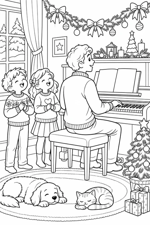 A parent plays piano while two children sing; a dog and cat nap beside the Christmas tree.