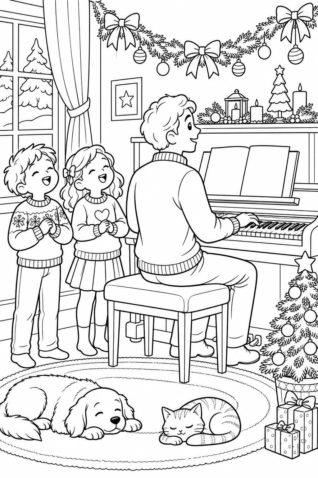 A parent plays piano while two children sing; a dog and cat nap beside the Christmas tree.