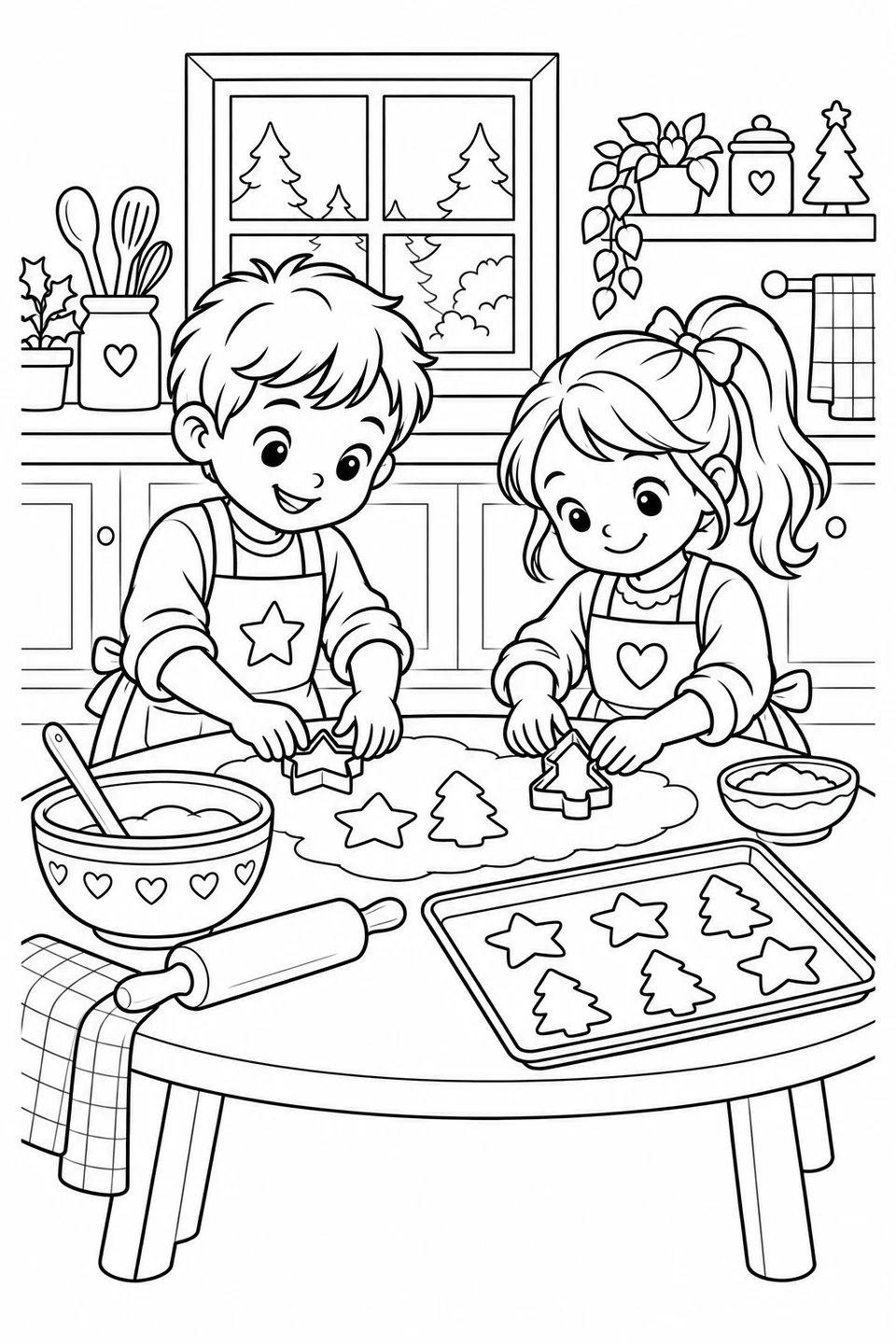 Two children use star and tree cookie cutters at a kitchen table with dough, a rolling pin and a baking tray.