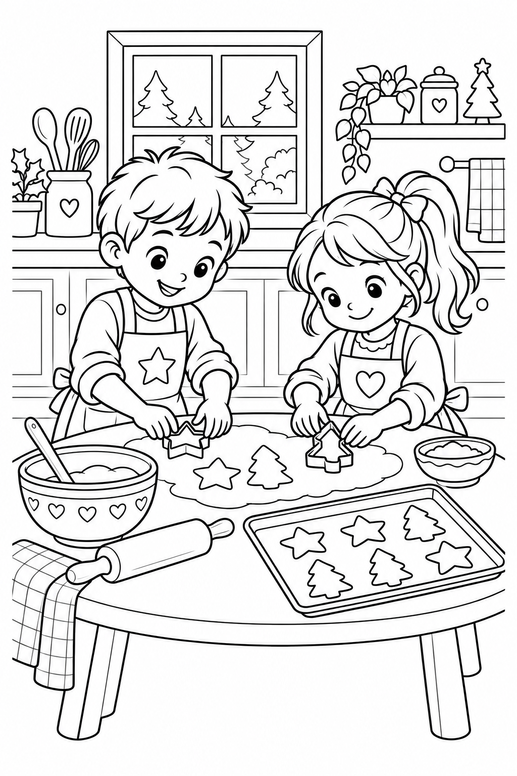 Two children use star and tree cookie cutters at a kitchen table with dough, a rolling pin and a baking tray.