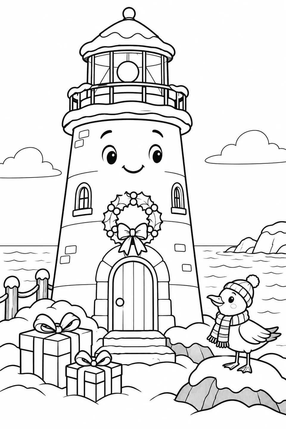Un phare souriant est décoré d’une couronne de Noël, avec des cadeaux et un oiseau marin en écharpe à ses côtés.