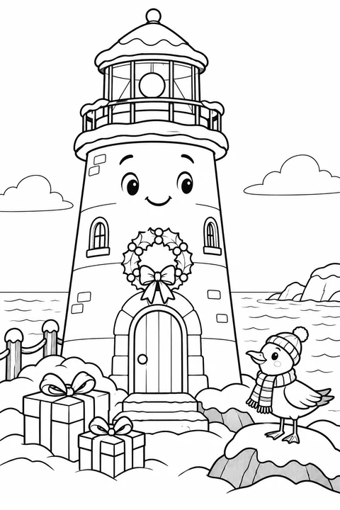 A smiling lighthouse wears a wreath, with presents and a scarf-wearing seabird nearby.