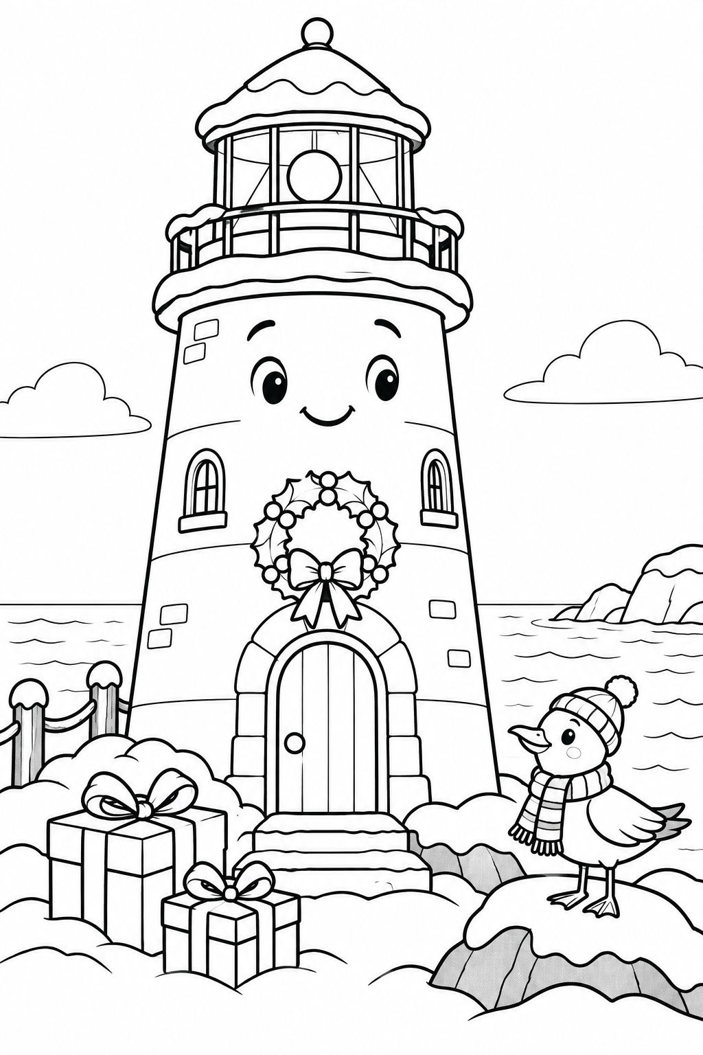 A smiling lighthouse wears a wreath, with presents and a scarf-wearing seabird nearby.
