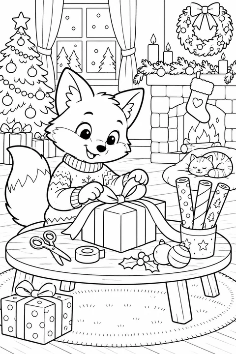 A fox ties a ribbon around a present at a table, while a cat sleeps in the Christmas-decorated room.
