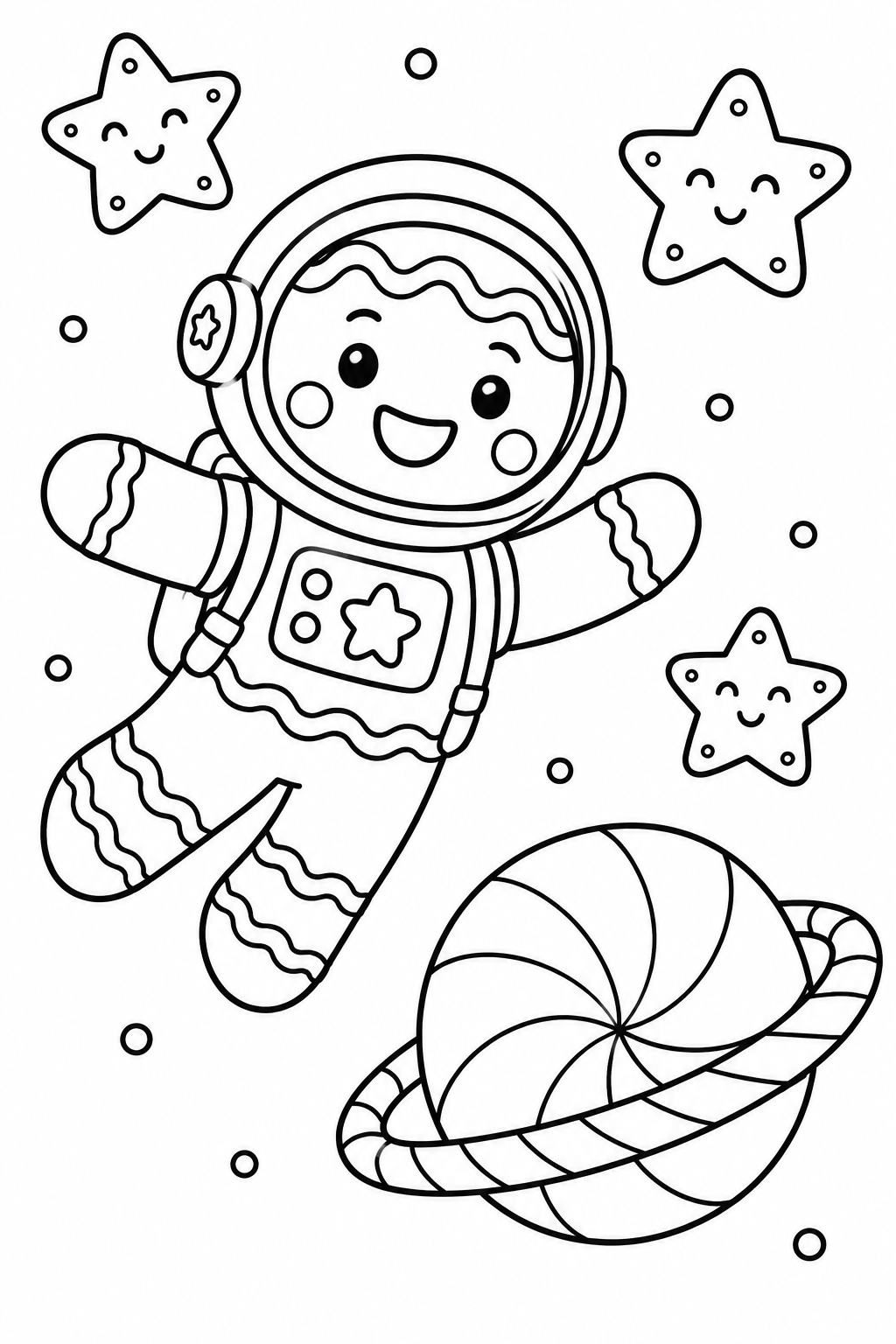 Un astronaute souriant en pain d’épices flotte près d’une planète en bonbons et de trois étoiles.