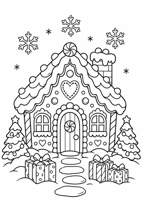 A candy-decorated gingerbread cottage with two Christmas trees, presents and snowflakes.
