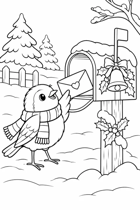 A scarf-wearing bird carries a heart-sealed envelope to a snowy mailbox decorated with holly and bells.