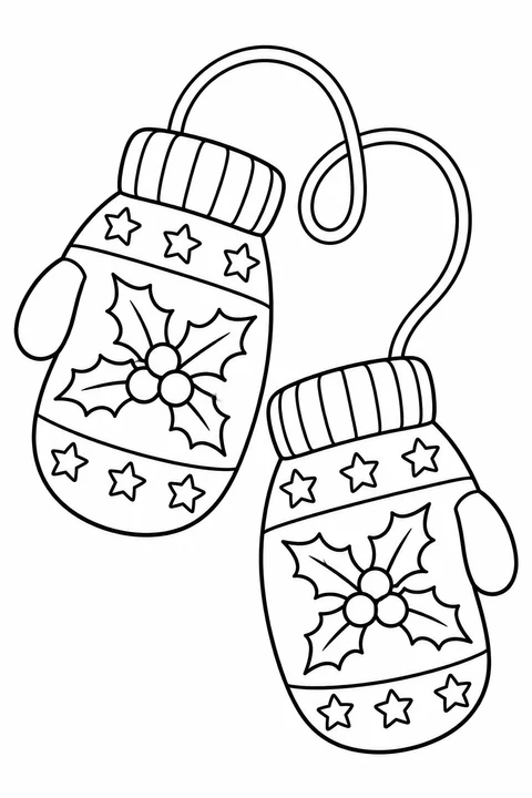 Two mittens joined by a looping cord are decorated with large holly leaves and stars.