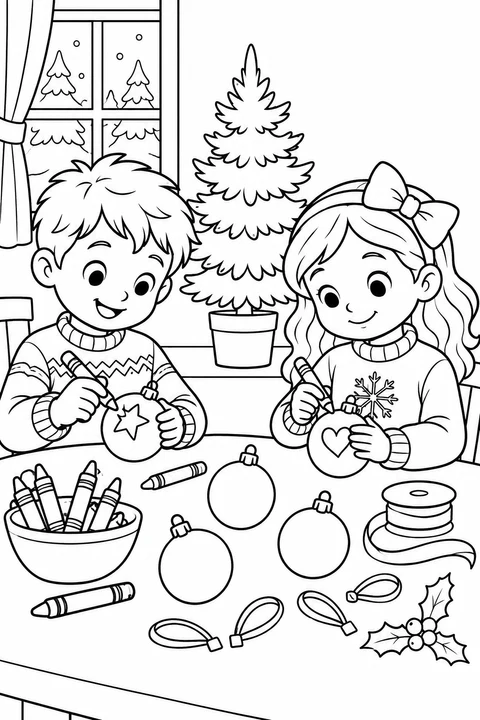 Two children decorate Christmas ornaments with crayons beside a Christmas tree.