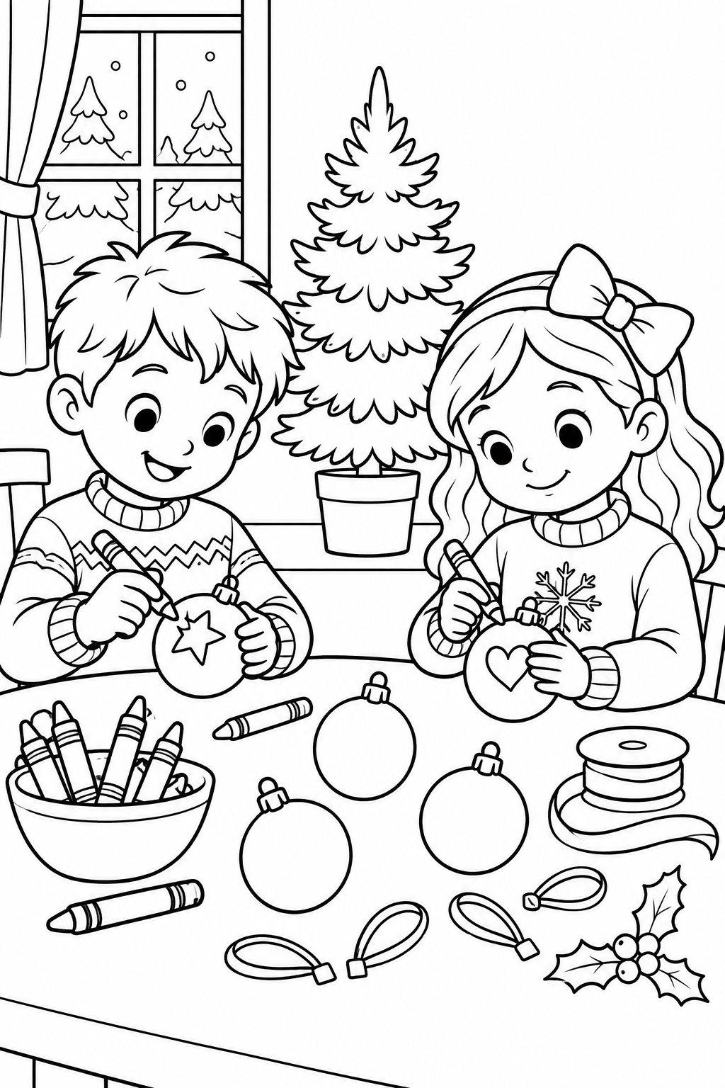 Two children decorate Christmas ornaments with crayons beside a Christmas tree.