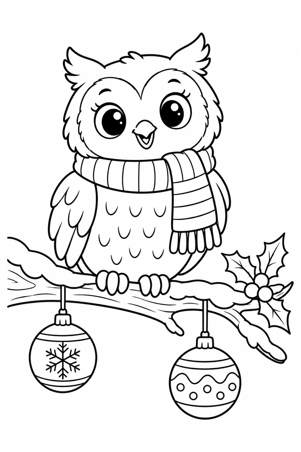Een vrolijke uil met een gestreepte sjaal zit op een besneeuwde tak met hulst en twee kerstballen.