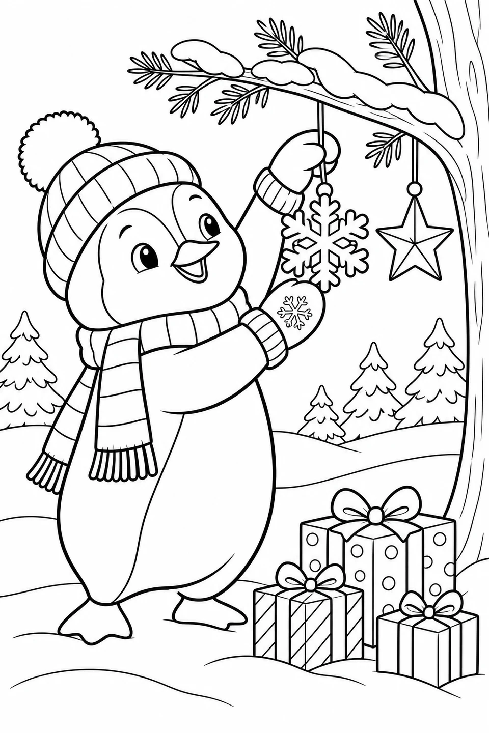 A penguin in a hat, scarf and mittens hangs stars and snowflakes from a low branch, with presents resting in the snow.
