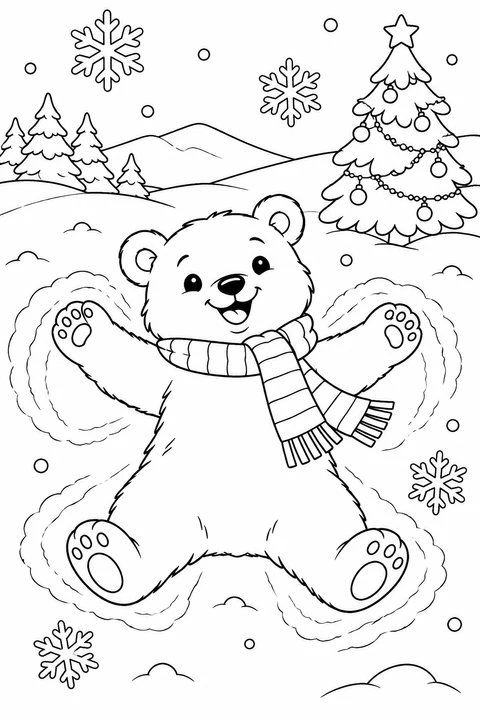 A smiling polar bear cub spreads its paws in the snow beside a decorated Christmas tree.