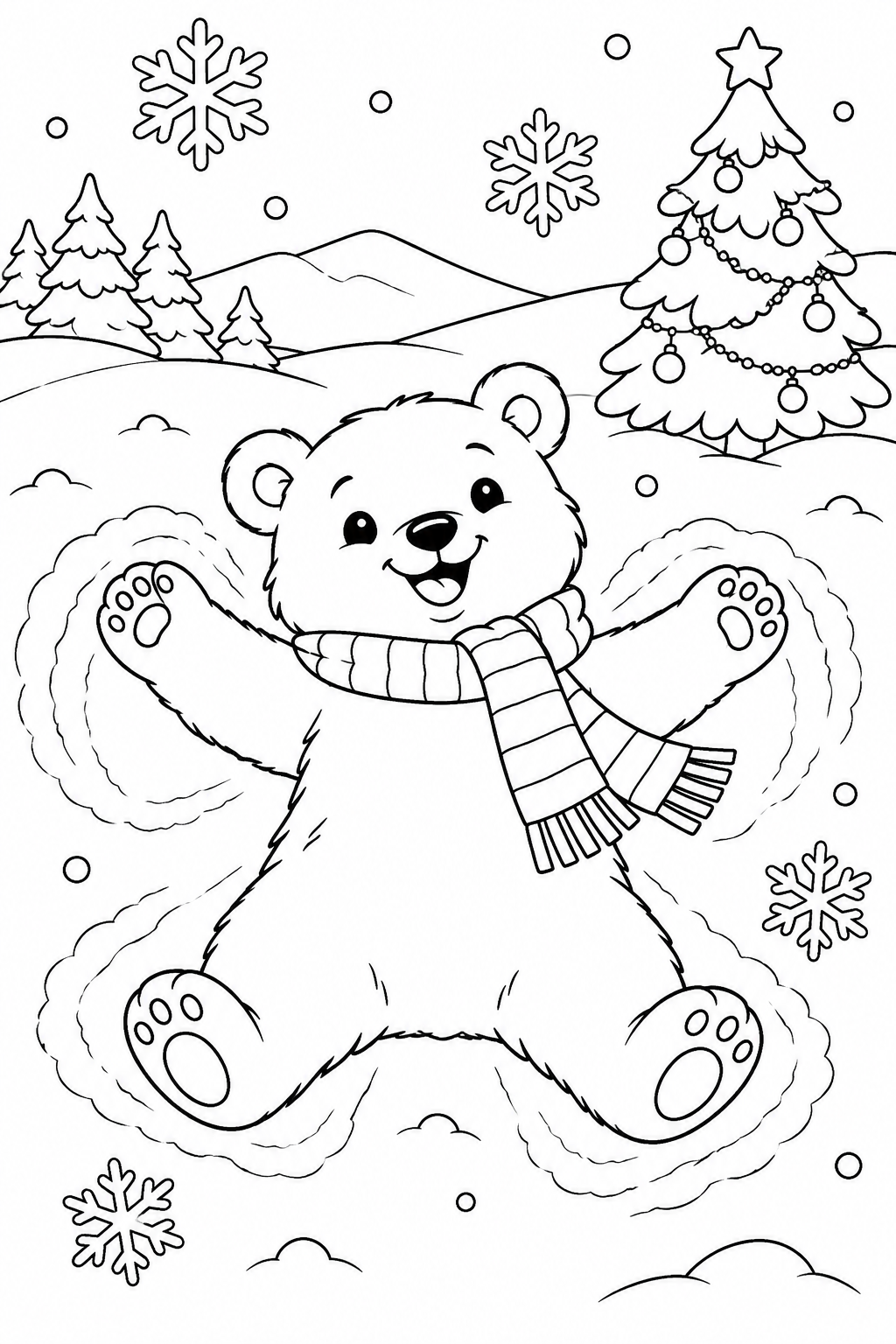 A smiling polar bear cub spreads its paws in the snow beside a decorated Christmas tree.